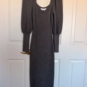 Astr Ribbed Puff-Sleeve Knit Dress - Charcoal